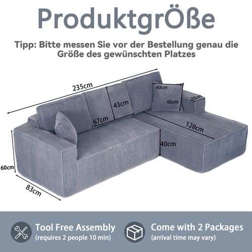 Canapé D'angle 3 Places 235x128 Cm Avec Méridienne Et 2 Coussins, Velours Côtelé Gris