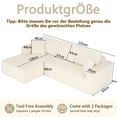 Canapé D'angle 3 Places 235x128 Cm Avec Méridienne, Velours Côtelé Beige