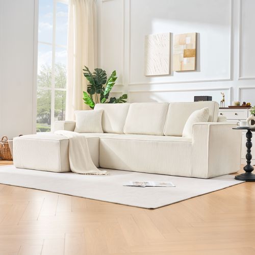 Canapé D'angle 3 Places 235x128 Cm Avec Méridienne, Velours Côtelé Beige