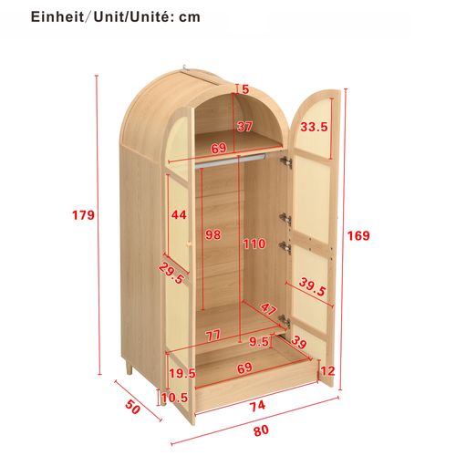 Armoire Chambre 80x50x179 Cm, 2 Portes Courbées, Avec Rangements Et Tiroir, Bois Naturel