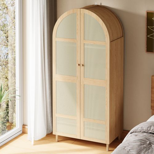 Armoire Chambre 80x50x179 Cm, 2 Portes Courbées, Avec Rangements Et Tiroir, Bois Naturel