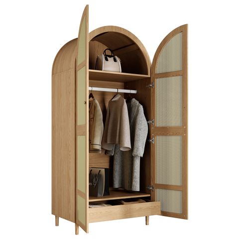 Armoire Chambre 80x50x179 Cm, 2 Portes Courbées, Avec Rangements Et Tiroir, Bois Naturel