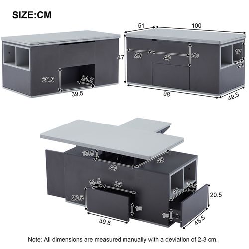 Table Basse Salon Relevable 2-en-1 Table Haut, 100x51x47 Cm Couleur Gris Avec 2 Tiroirs