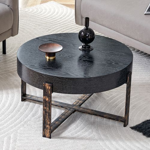 Table Basse Ronde Salon 68 Cm, Plateau Aspect Bois Noir, Pieds En Croix Métal