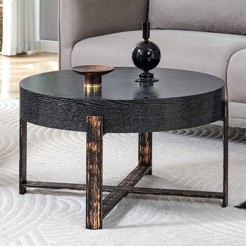 Table Basse Ronde Salon 68 Cm, Plateau Aspect Bois Noir, Pieds En Croix Métal