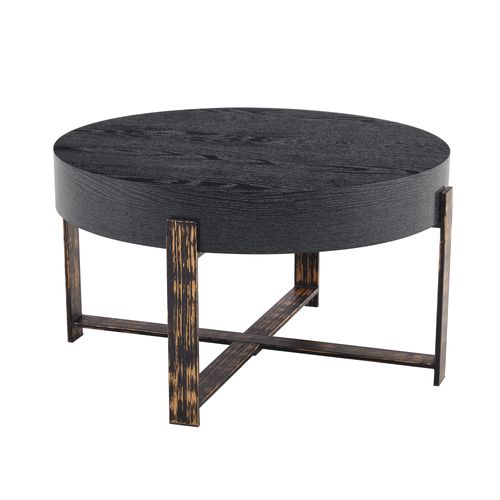 Table Basse Ronde Salon 68 Cm, Plateau Aspect Bois Noir, Pieds En Croix Métal
