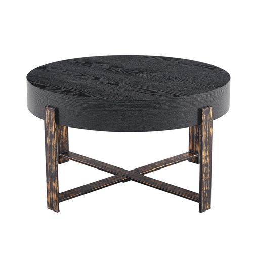 Table Basse Ronde Salon 68 Cm, Plateau Aspect Bois Noir, Pieds En Croix Métal