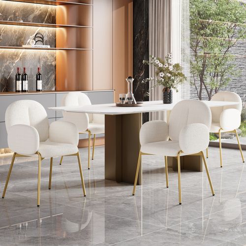 Lot De 4 Chaises De Salle à Manger En Tissu Teddy Beige, Pieds Métal Doré