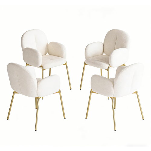 Lot De 4 Chaises De Salle à Manger En Tissu Teddy Beige, Pieds Métal Doré