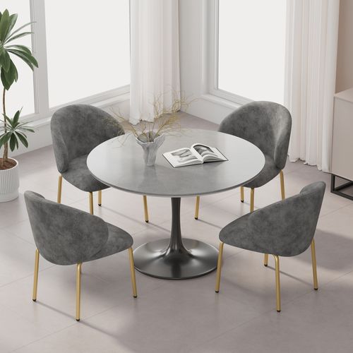 Lot De 4 Chaises De Salle à Manger En Chenille Grise Avec Pieds En Métal Doré