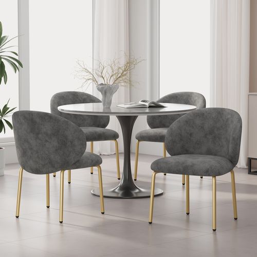 Lot De 4 Chaises De Salle à Manger En Chenille Grise Avec Pieds En Métal Doré