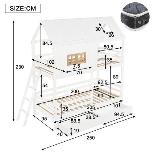 Lit Superposé Enfant 90x200 Cm Cabane Avec 2 Tiroirs, Bois Blanc Et Naturel, Sommier à Lattes