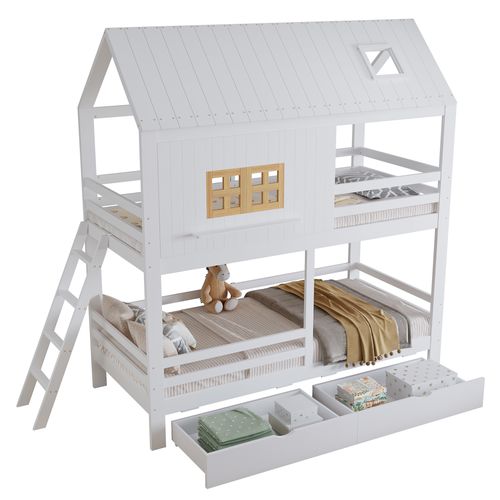 Lit Superposé Enfant 90x200 Cm Cabane Avec 2 Tiroirs, Bois Blanc Et Naturel, Sommier à Lattes