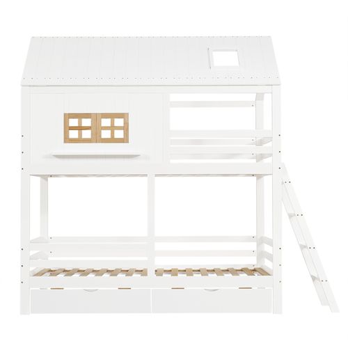 Lit Superposé Enfant 90x200 Cm Cabane Avec 2 Tiroirs, Bois Blanc Et Naturel, Sommier à Lattes