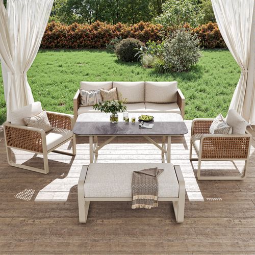 Salon De Jardin Modulable En Rotin Pe Beige Avec Table Gris Effet Marbre, Assises 6-7 Places