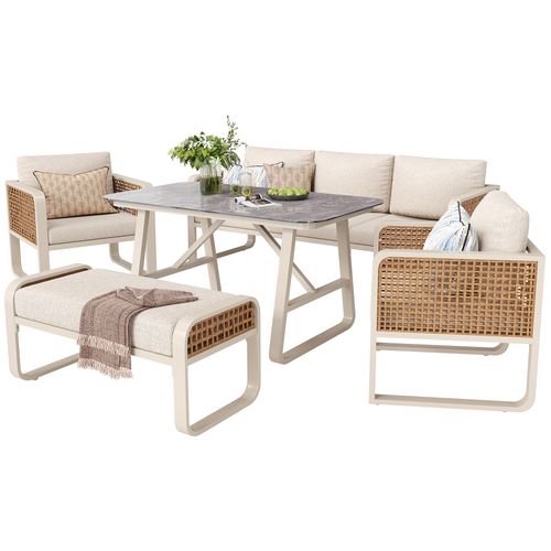Salon De Jardin Modulable En Rotin Pe Beige Avec Table Gris Effet Marbre, Assises 6-7 Places