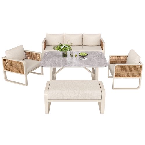 Salon De Jardin Modulable En Rotin Pe Beige Avec Table Gris Effet Marbre, Assises 6-7 Places