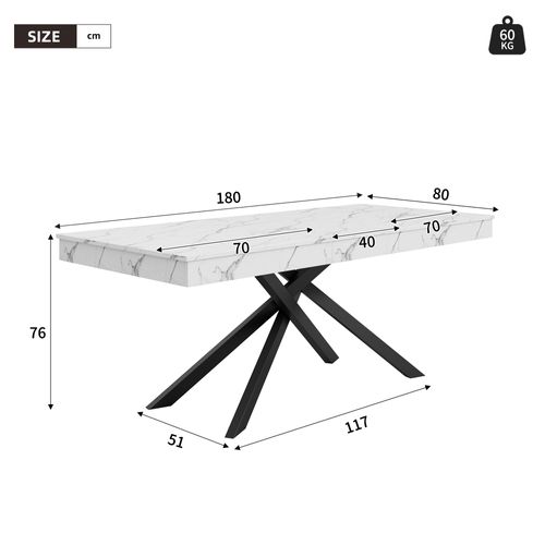 Table à Manger Extensible Blanche 140/180x80 Cm Pour 6-8 Personnes, Pieds Croisés Métal