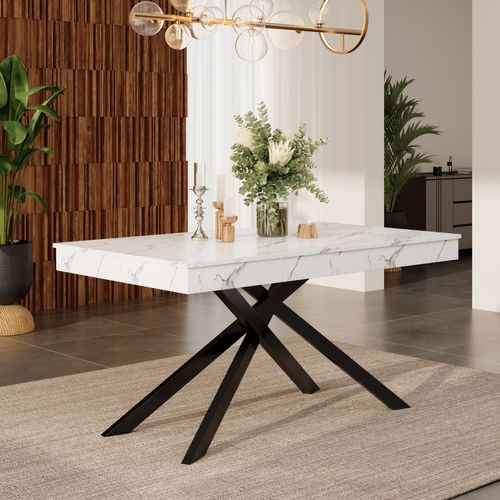 Table à Manger Extensible Blanche 140/180x80 Cm Pour 6-8 Personnes, Pieds Croisés Métal