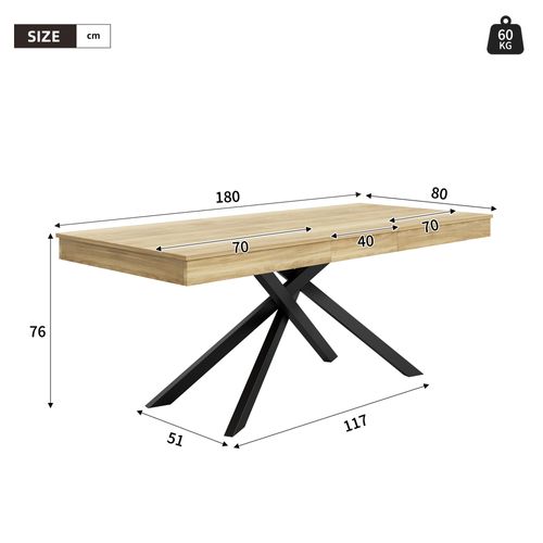 Table à Manger Extensible Finition Chêne 140-180x80 Cm Pour 6-8 Personnes, Pieds Métal