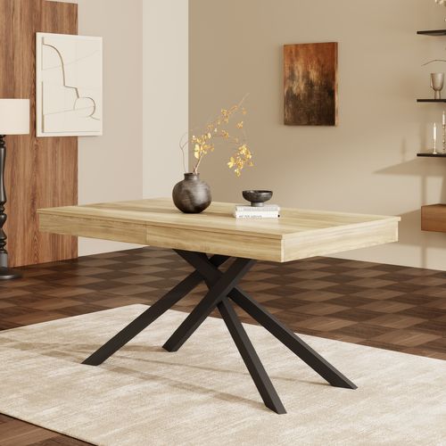 Table à Manger Extensible Finition Chêne 140-180x80 Cm Pour 6-8 Personnes, Pieds Métal