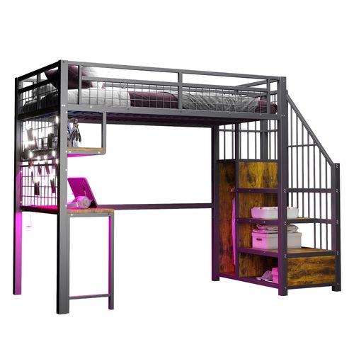 Lit Mezzanine Enfant 90x200 Cm, Métal Noir, Bureau Intégré, LED, Prises, Rangements Et Armoire