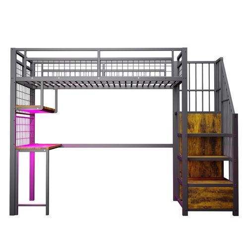 Lit Mezzanine Enfant 90x200 Cm, Métal Noir, Bureau Intégré, LED, Prises, Rangements Et Armoire