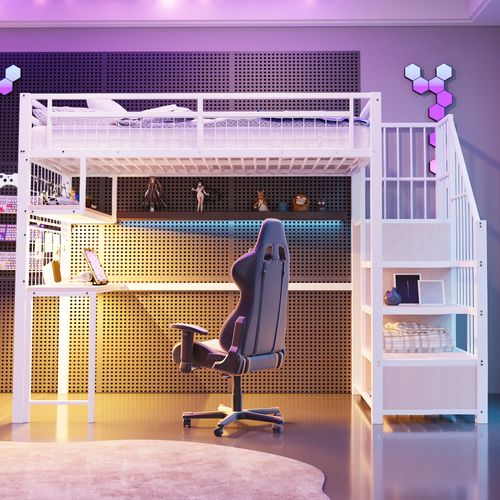 Lit Mezzanine Enfant 90x200 Cm Avec Bureau Intégré, LED Et Prises, Avec Rangements, Métal Blanc