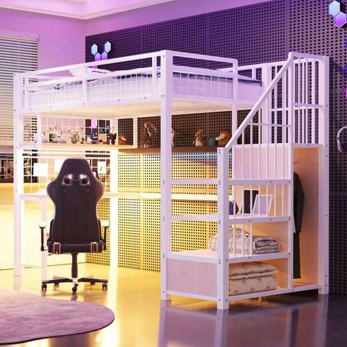 Lit Mezzanine Enfant 90x200 Cm Avec Bureau Intégré, LED Et Prises, Avec Rangements, Métal Blanc