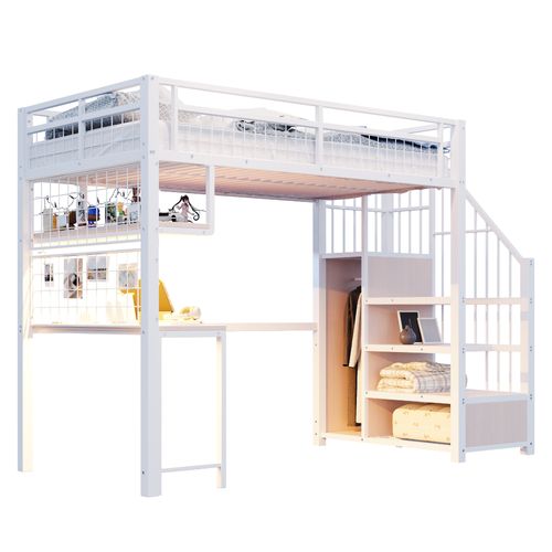 Lit Mezzanine Enfant 90x200 Cm Avec Bureau Intégré, LED Et Prises, Avec Rangements, Métal Blanc