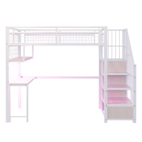 Lit Mezzanine Enfant 90x200 Cm Avec Bureau Intégré, LED Et Prises, Avec Rangements, Métal Blanc