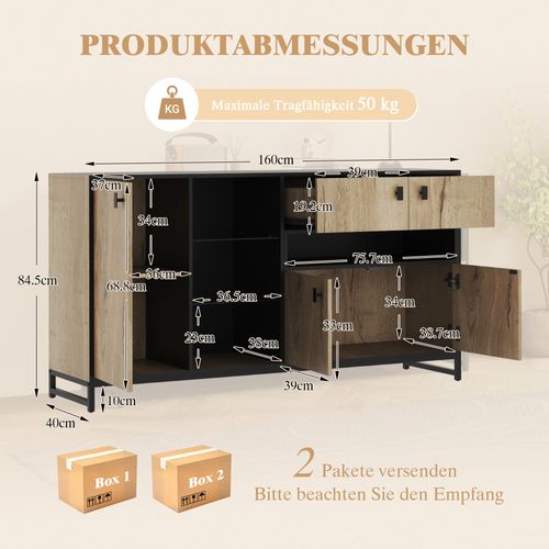 Buffet 160cm Avec LED, 2 Tiroirs Et 3 Portes, Étagères Ouvertes En Verre, Bois Naturel Et Noir