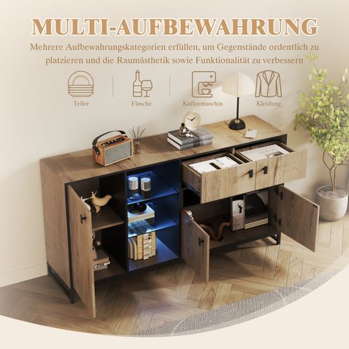Buffet 160cm Avec LED, 2 Tiroirs Et 3 Portes, Étagères Ouvertes En Verre, Bois Naturel Et Noir