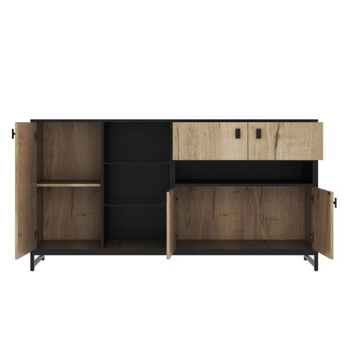 Buffet 160cm Avec LED, 2 Tiroirs Et 3 Portes, Étagères Ouvertes En Verre, Bois Naturel Et Noir