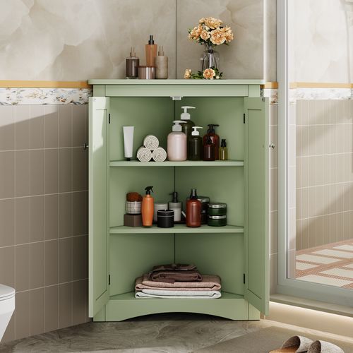 Meuble D'angle De Rangement Salle De Bain Vert Avec 2 Portes Et 3 Niveaux