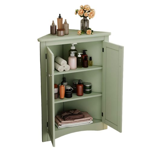 Meuble D'angle De Rangement Salle De Bain Vert Avec 2 Portes Et 3 Niveaux