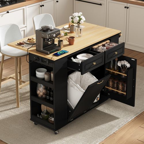 Desserte, Îlot De Cuisine Noir à Roulettes Avec Prises USB, Plateau Extensible 120x40-70 Cm