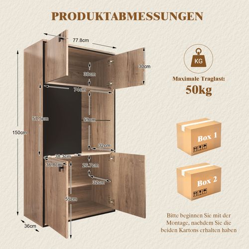 Buffet Haut 150cm LED, Armoire Avec 5 Portes, Bois Naturel Noir, Salon Et Chambre