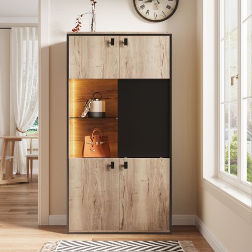Buffet Haut 150cm LED, Armoire Avec 5 Portes, Bois Naturel Noir, Salon Et Chambre