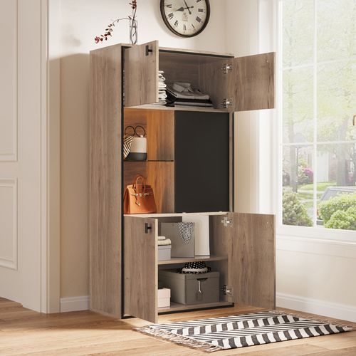 Buffet Haut 150cm LED, Armoire Avec 5 Portes, Bois Naturel Noir, Salon Et Chambre