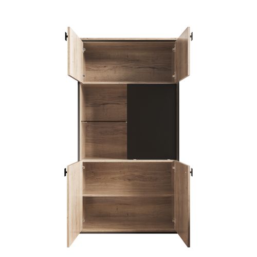 Buffet Haut 150cm LED, Armoire Avec 5 Portes, Bois Naturel Noir, Salon Et Chambre
