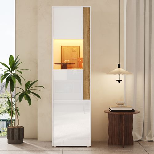 Vitrine 50x40x179 Cm Bois Et Blanc Avec LED, Porte En Acrylique, 4 Nivreaux De Rangement