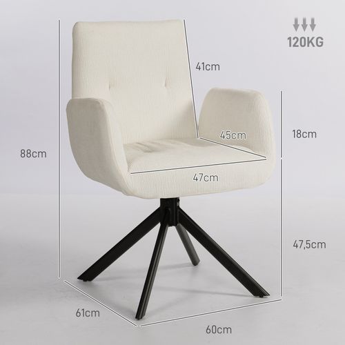 Fauteuil Pivotant 360° 60x61x88 Cm, Tissu Crème, Pieds Métal Inclinés
