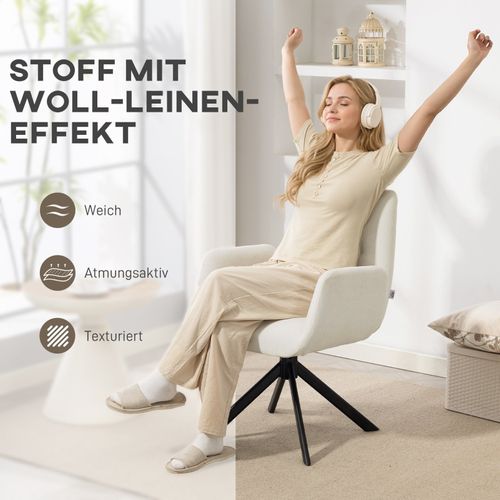 Fauteuil Pivotant 360° 60x61x88 Cm, Tissu Crème, Pieds Métal Inclinés