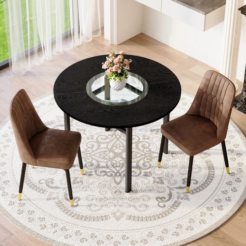 Ensemble Table Ronde D.100 Cm Noir Effet Bois Avec 2 Chaises Tissu Marron, Métal Noir