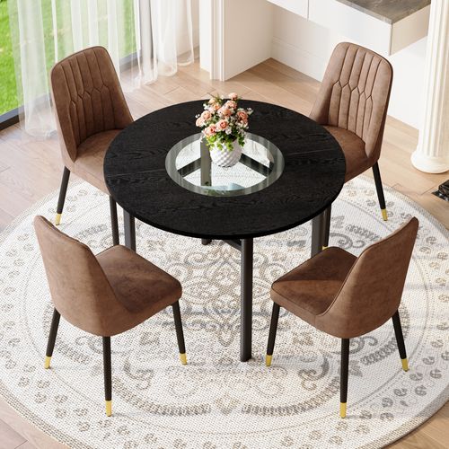 Ensemble Table Ronde D.100 Cm Bois Noir Avec 4 Chaises Tissu Marron Et Pieds Métal Noir