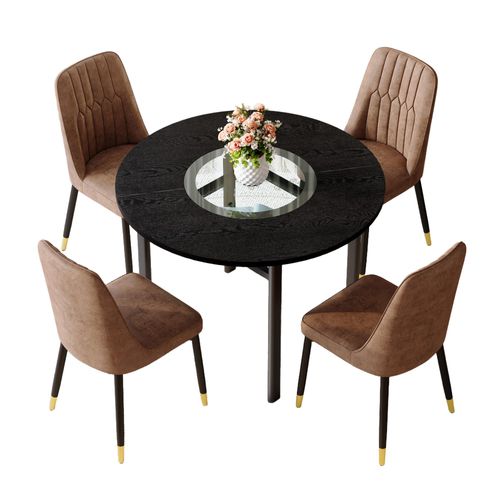 Ensemble Table Ronde D.100 Cm Bois Noir Avec 4 Chaises Tissu Marron Et Pieds Métal Noir