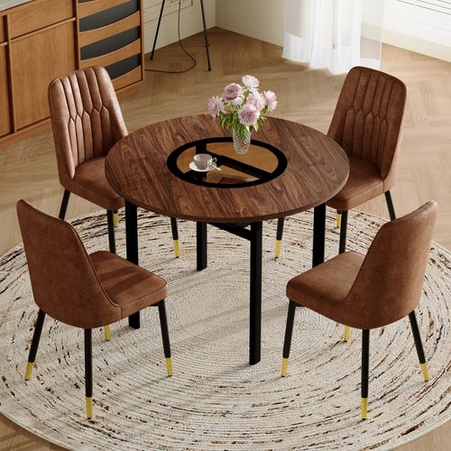 Ensemble Table Ronde 100 Cm Effet Bois Brun Et 4 Chaises Tissu Brun Pieds Métal Noir