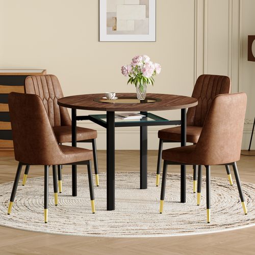 Ensemble Table Ronde 100 Cm Effet Bois Brun Et 4 Chaises Tissu Brun Pieds Métal Noir