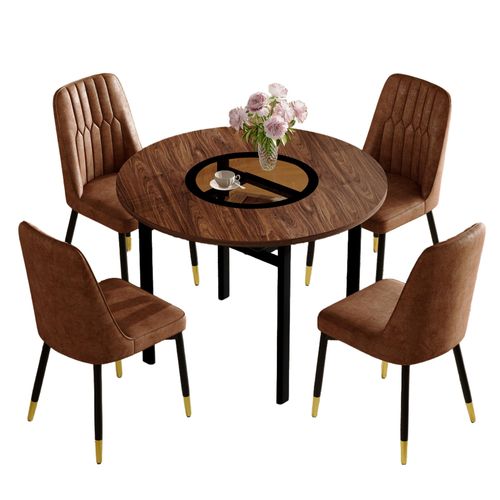 Ensemble Table Ronde 100 Cm Effet Bois Brun Et 4 Chaises Tissu Brun Pieds Métal Noir